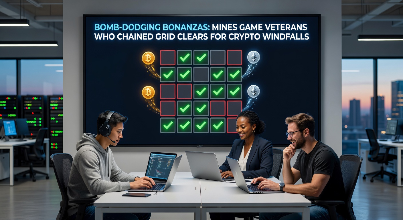 A digital Mines game grid showing a chain of safe tile reveals building a massive multiplier before cashout, with crypto coins stacking up in the background