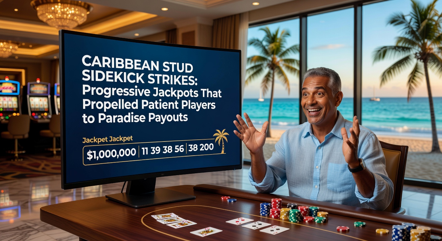 Vibrant Caribbean Stud Poker table glowing under casino lights, with a massive progressive jackpot meter climbing toward seven figures, chips stacked high beside a dealer's hand showing a royal flush