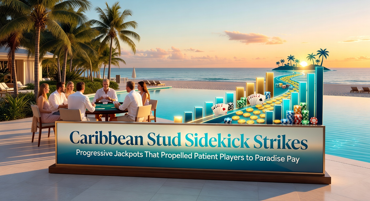 Elated player at a Caribbean Stud table raising arms in victory as jackpot confetti rains down, dealer smiling while handing over a oversized novelty check for a six-figure win