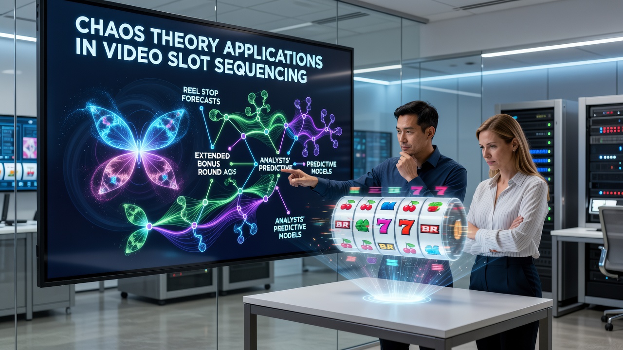 Analysts reviewing slot reel sequence models on multiple screens in a research lab