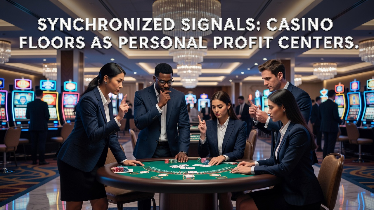Blackjack table with multiple players using subtle hand signals during a coordinated session at a casino floor