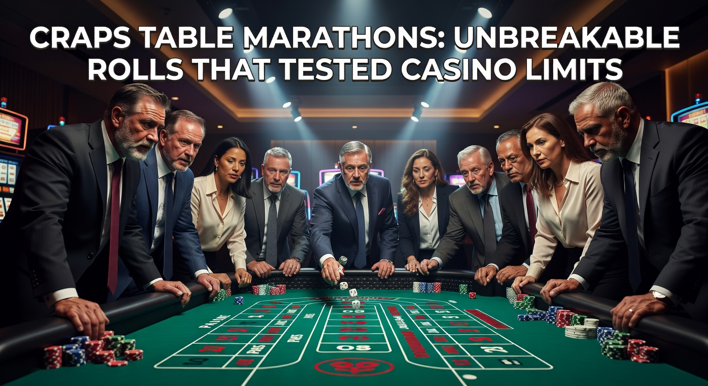 A crowded craps table during an epic roll, with players cheering as chips stack up and the shooter grips the dice tightly
