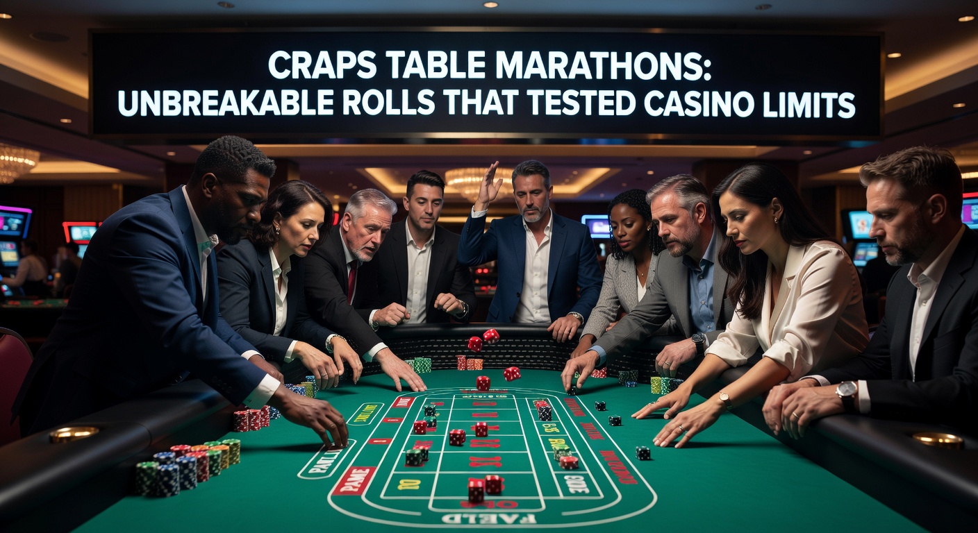 Close-up of dice mid-roll on a green felt craps table, surrounded by towering chip stacks and excited onlookers during a record-breaking streak
