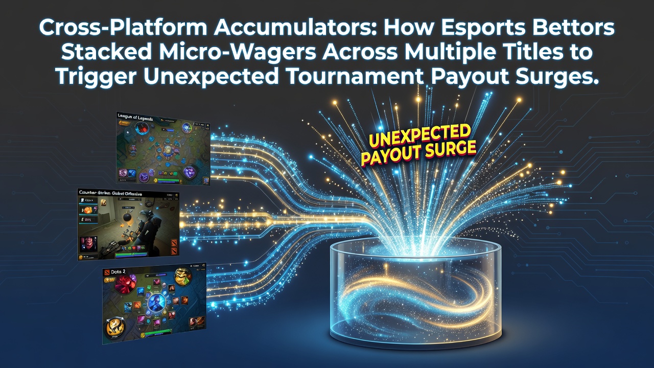 Esports bettors monitoring live matches across League of Legends, Valorant and Dota 2 on multiple screens while placing accumulator wagers