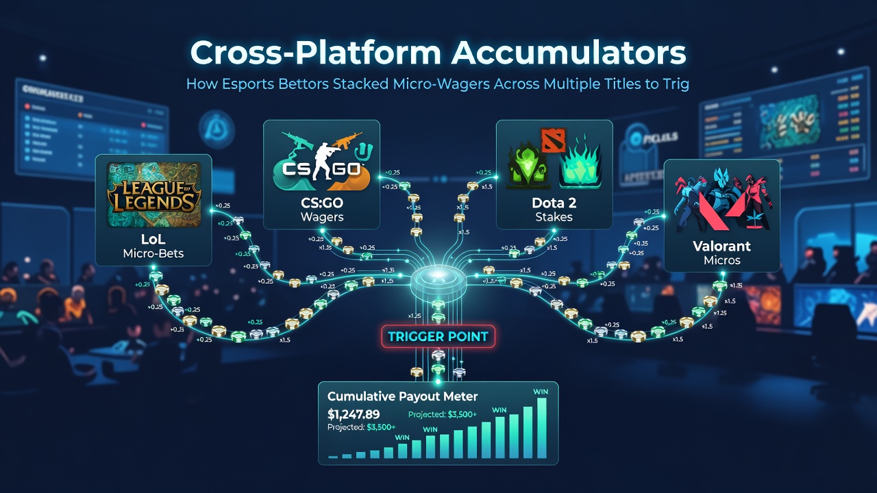 Live esports betting interface displaying accumulator builder with selections from three different game titles and calculated combined odds