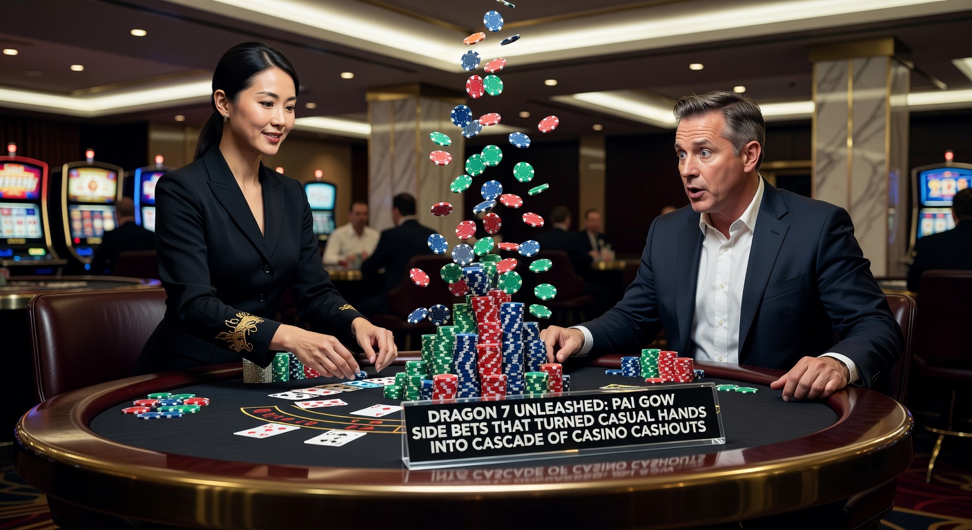 Thrilled player at a bustling Pai Gow Poker table, stacking chips after a massive Dragon 7 side bet payout, with cards fanned out showing a rare straight flush