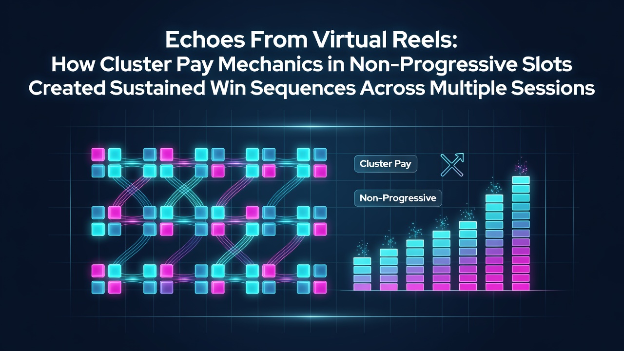 Cluster pay mechanics displayed on a non-progressive slot machine screen showing grouped symbols forming multiple wins in a single spin