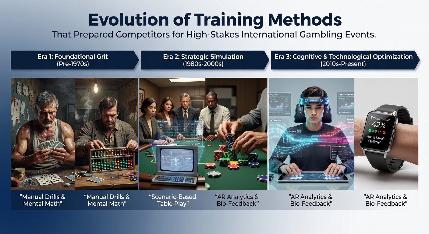 Historical training setups for international gambling events showing early mentorship sessions transitioning to modern simulation labs