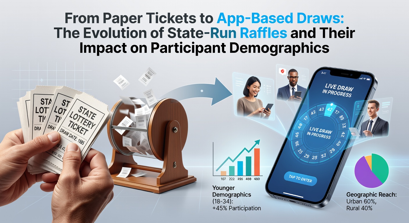 Historical paper lottery tickets displayed alongside modern smartphone lottery apps showing the transition in state-run raffles