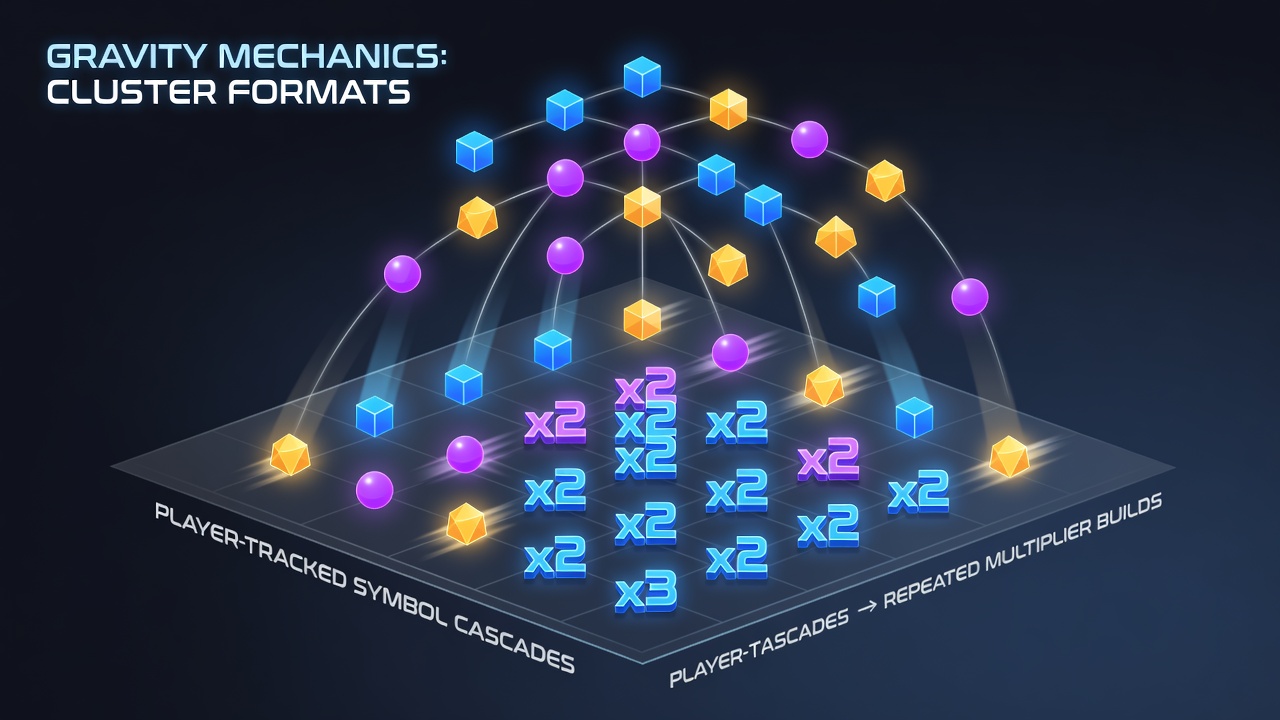 Diagram showing gravity mechanics pulling symbols downward in a cluster slot grid with cascading chains forming