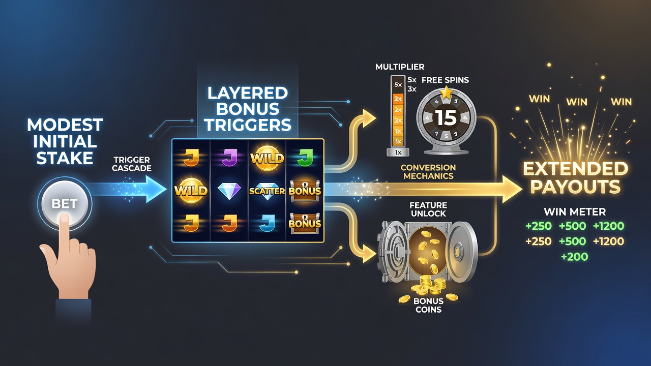 Close-up of cascading symbols and accumulating multipliers in a five-reel slot bonus sequence