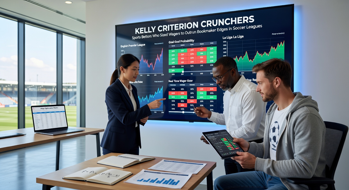 Sports bettors huddled around laptops, crunching Kelly Criterion numbers for upcoming soccer matches in major leagues, graphs and odds sheets scattered across the screen