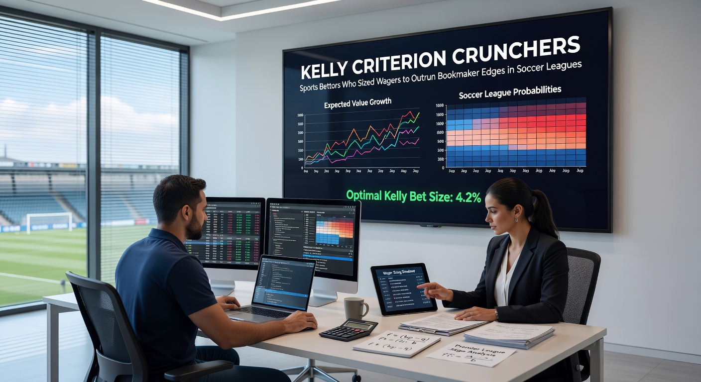Close-up of a soccer betting spreadsheet displaying Kelly Criterion calculations, wager sizes, bankroll growth charts, and league odds comparisons from Bundesliga matches