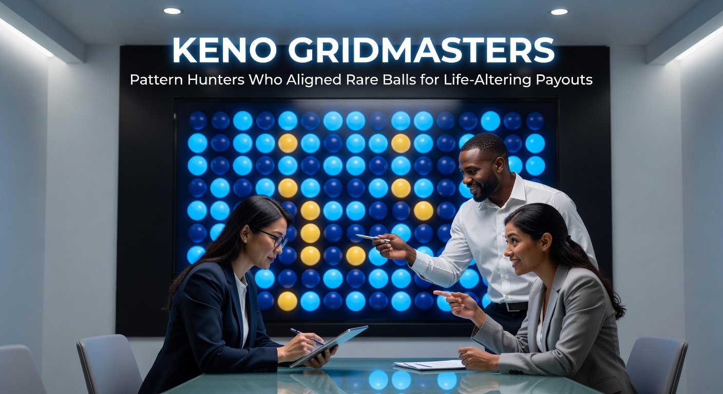 Vibrant Keno grid display showing numbered balls cascading into place amid a casino crowd, capturing the thrill of pattern alignment