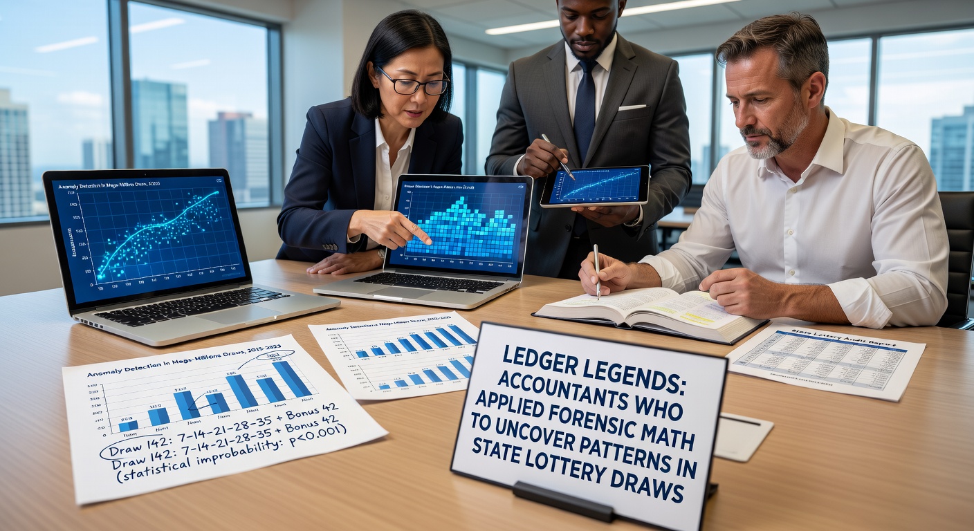 Accountants reviewing lottery draw statistics and forensic analysis charts on computer screens