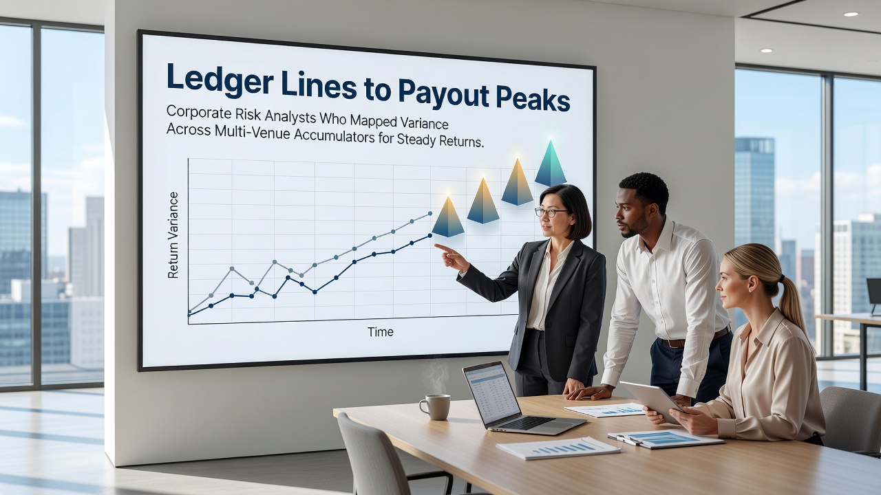 Corporate risk analysts reviewing variance data across multiple betting venues on digital dashboards