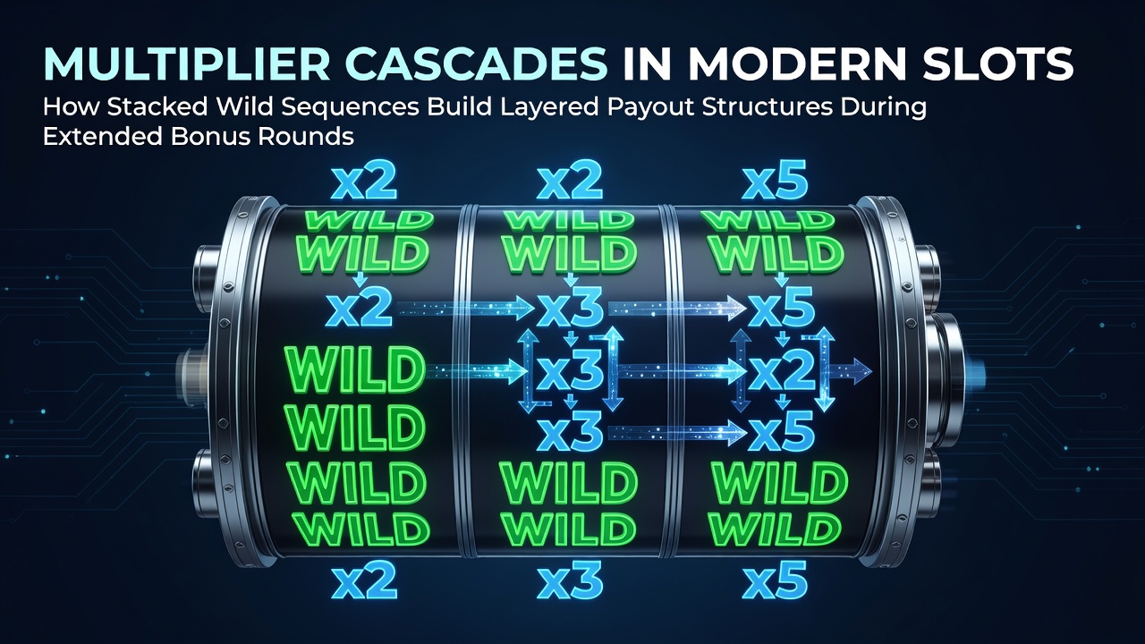 Illustration of stacked wild symbols triggering multiplier cascades across multiple reels during a slot bonus round