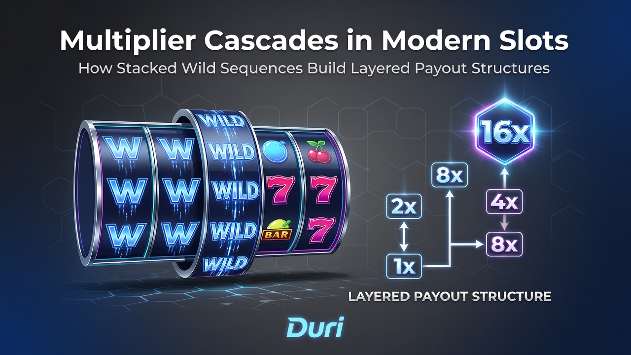 Diagram showing layered multiplier buildup from stacked wild cascades in an extended slot bonus feature