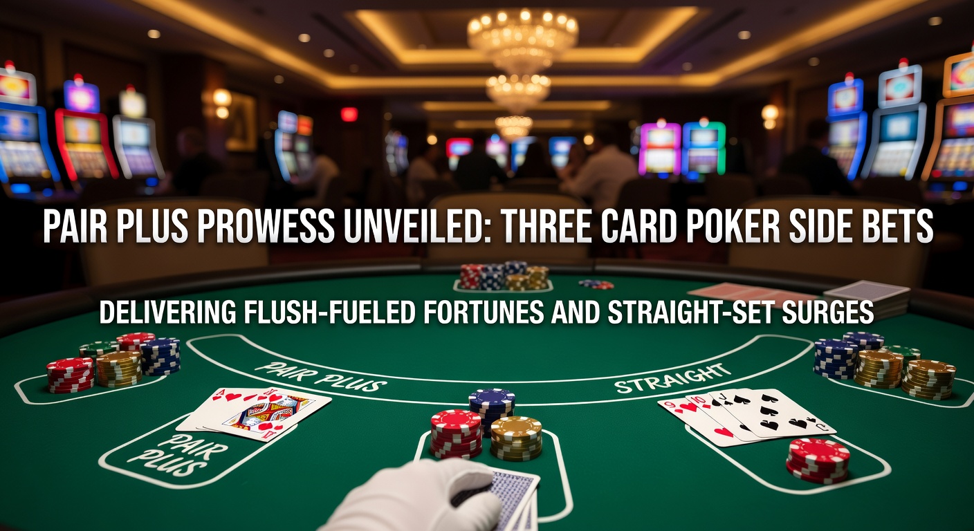 Three Card Poker table with Pair Plus side bet payout chart glowing under casino lights, highlighting flush and straight wins