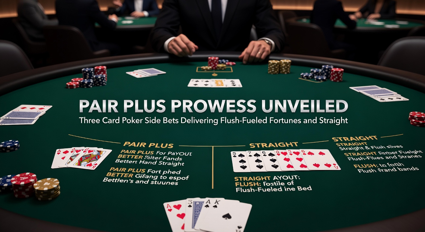 Player celebrating a massive Pair Plus straight flush win at a bustling Three Card Poker table, chips stacking high amid cheering onlookers