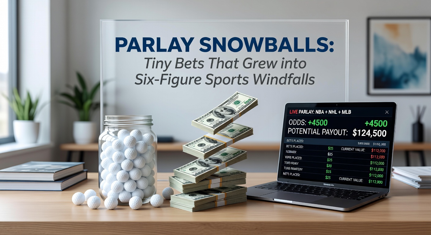 A digital graphic showing a small snowball rolling downhill, growing massive while overlaid with sports betting slips and exploding payout numbers, symbolizing parlay bets that build exponentially