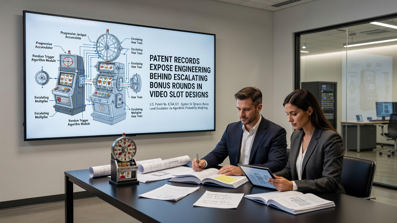 Flowcharts and code snippets extracted from slot machine patents illustrating bonus round escalation logic