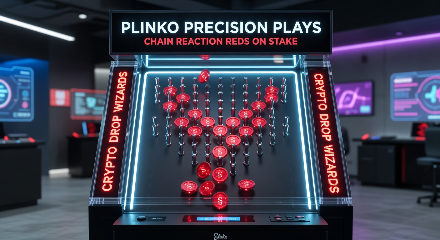 Vibrant Plinko board on Stake platform displaying a crypto drop landing in a high-multiplier red slot amid bouncing pegs and glowing chain reactions