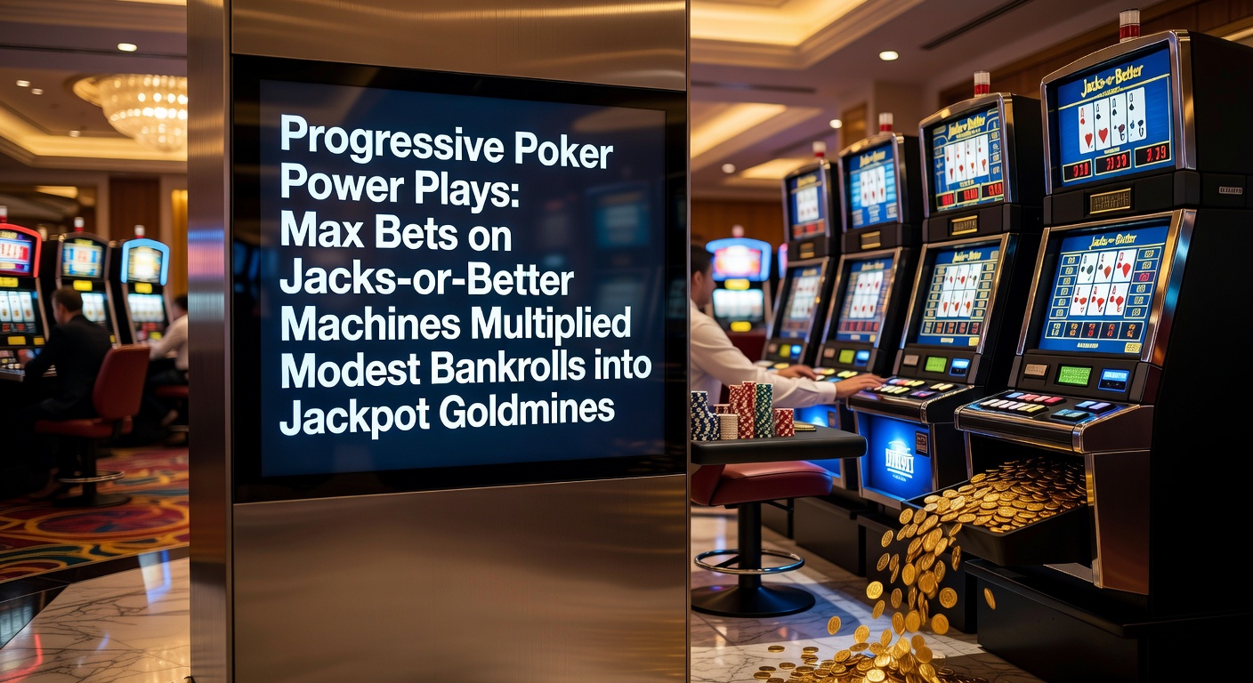 A vibrant Jacks or Better video poker machine glowing with a massive progressive jackpot meter climbing toward seven figures, coins stacked nearby symbolizing steady max bets building toward the big payout