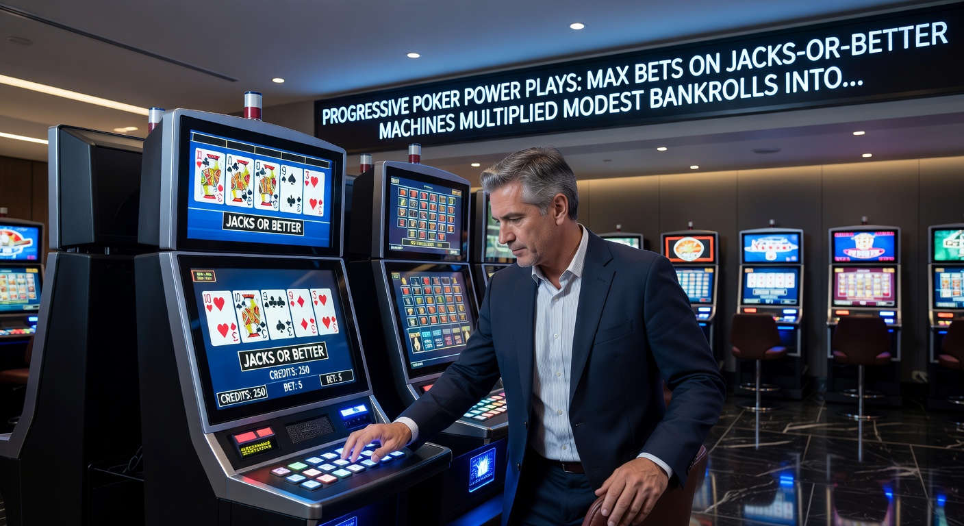 Close-up of a royal flush on a Jacks or Better screen, five-coin max bet indicator lit up, with the progressive jackpot erupting in lights and confetti effects amid a cheering casino crowd