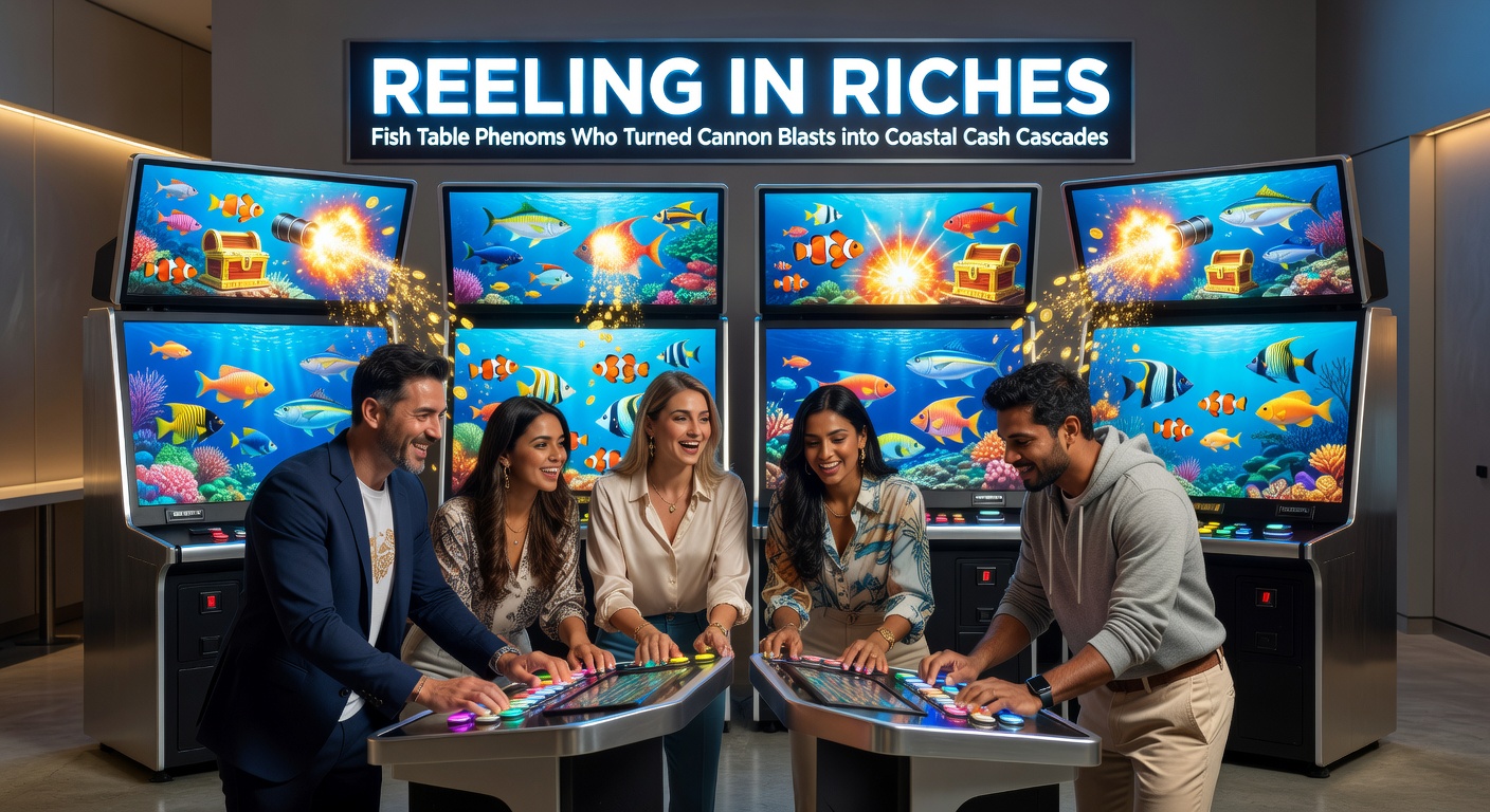 Vibrant fish table arcade setup with players firing cannons at colorful underwater targets amid flashing lights and prize displays