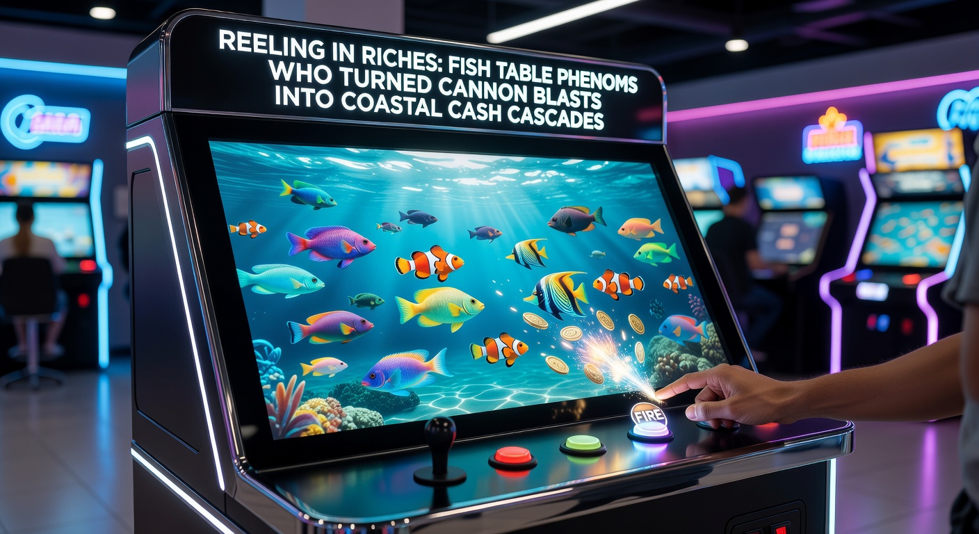 Close-up of a player's hands on a fish table control panel, cannon locked on a glowing boss fish as credits explode on screen