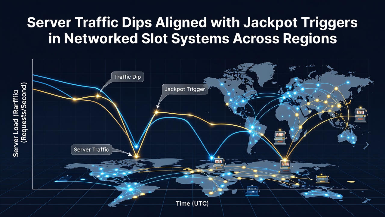 Server monitoring dashboard displaying traffic patterns during jackpot events in networked slot systems