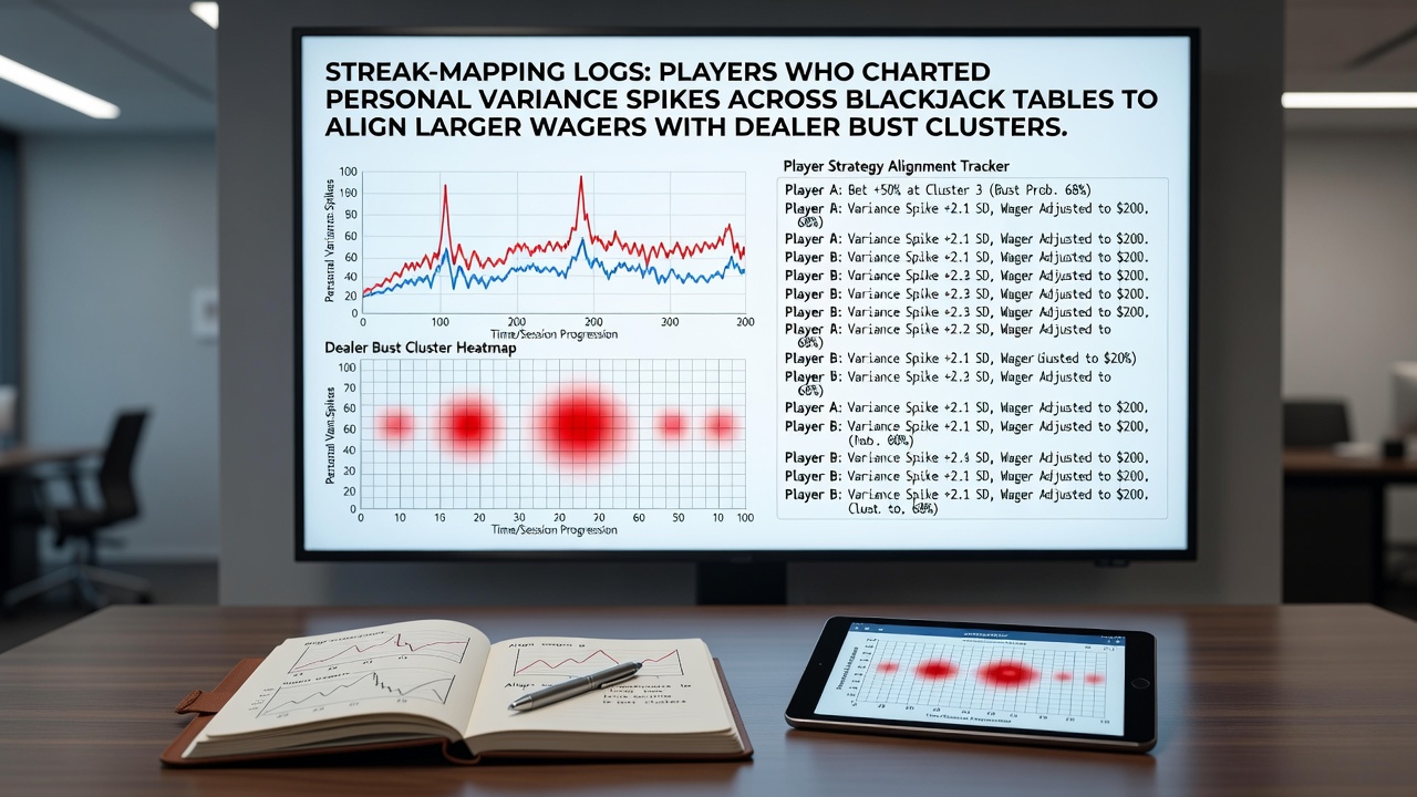 Blackjack players reviewing streak-mapping logs at casino tables