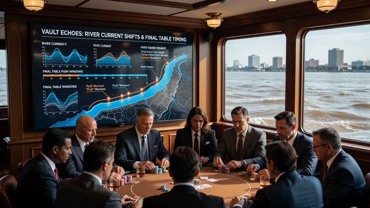 Riverboat poker scene with crew monitoring water currents during a tournament