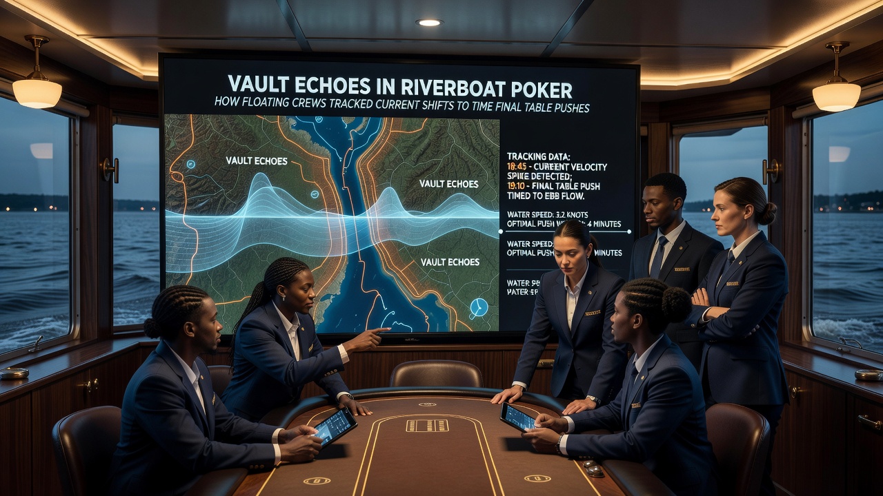 Poker final table on a riverboat with crew noting water flow changes