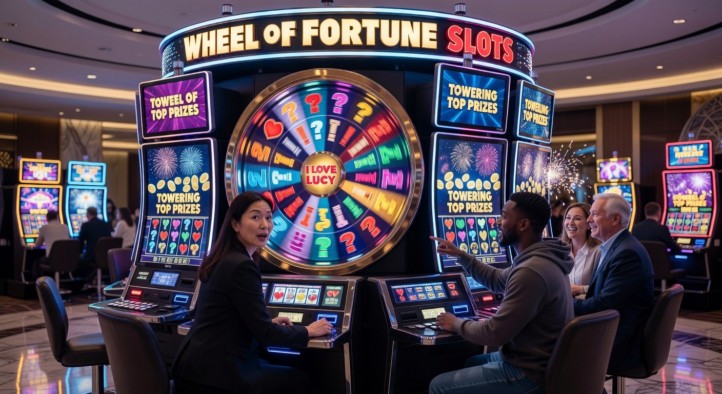 Wheel of Fortune slot machine displaying iconic TV wheel bonus with Pat Sajak and Vanna White graphics lighting up a casino floor