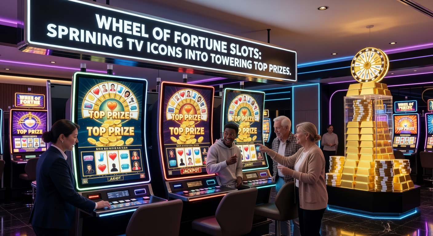 Patron celebrating a massive Wheel of Fortune slot jackpot as casino staff verifies the towering top prize win amid cheering onlookers